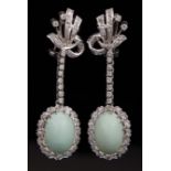 Pair of 14 kt. White Gold Cabochon Turquoise and Single Cut Diamond Earrings **Please note: