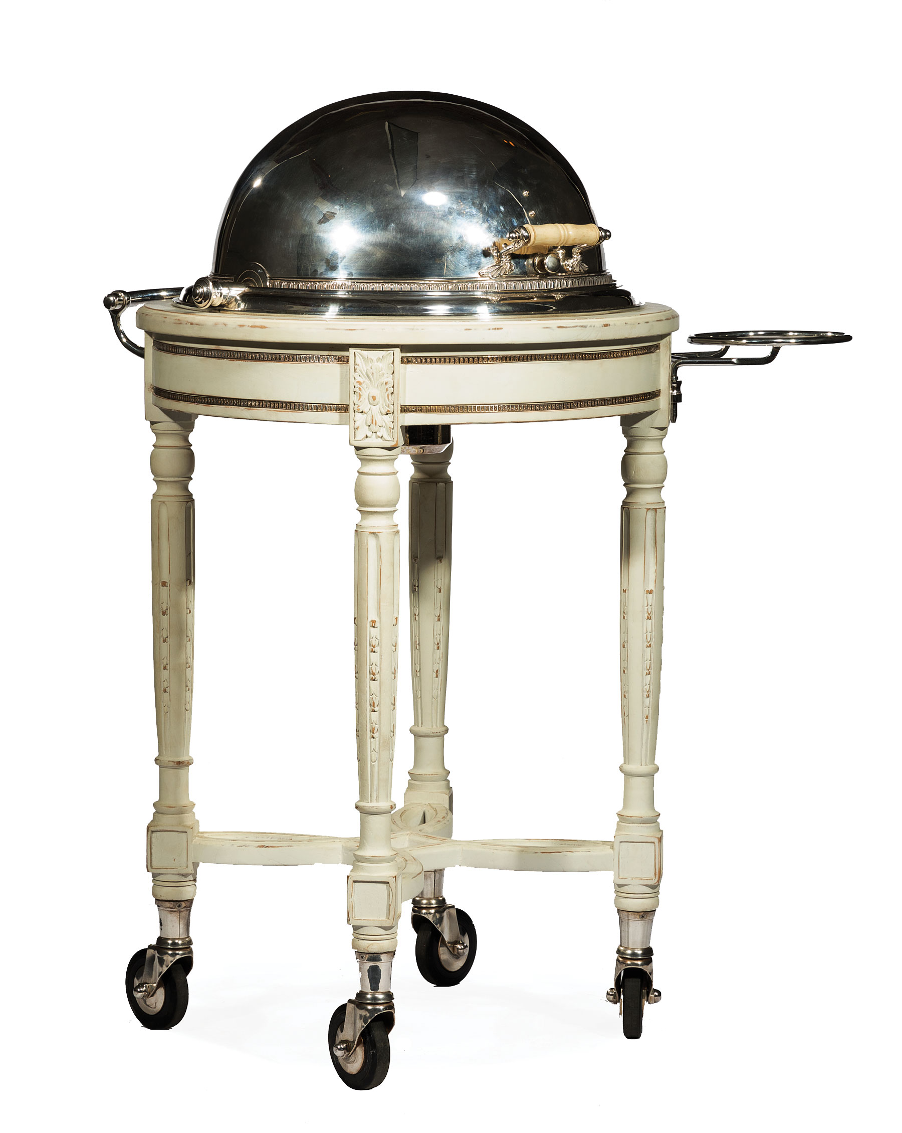 Louis XVI-Style Creme Peinte and Chrome-Mounted Carving Trolley , revolving domed cover opening to