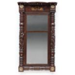 American Classical Carved Mahogany Tabernacle Mirror , c. 1830, New York, inlaid frieze, foliate and