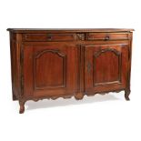 French Provincial Louis XV Carved Buffet Bas , 18th c., molded top, two frieze drawers over doors,