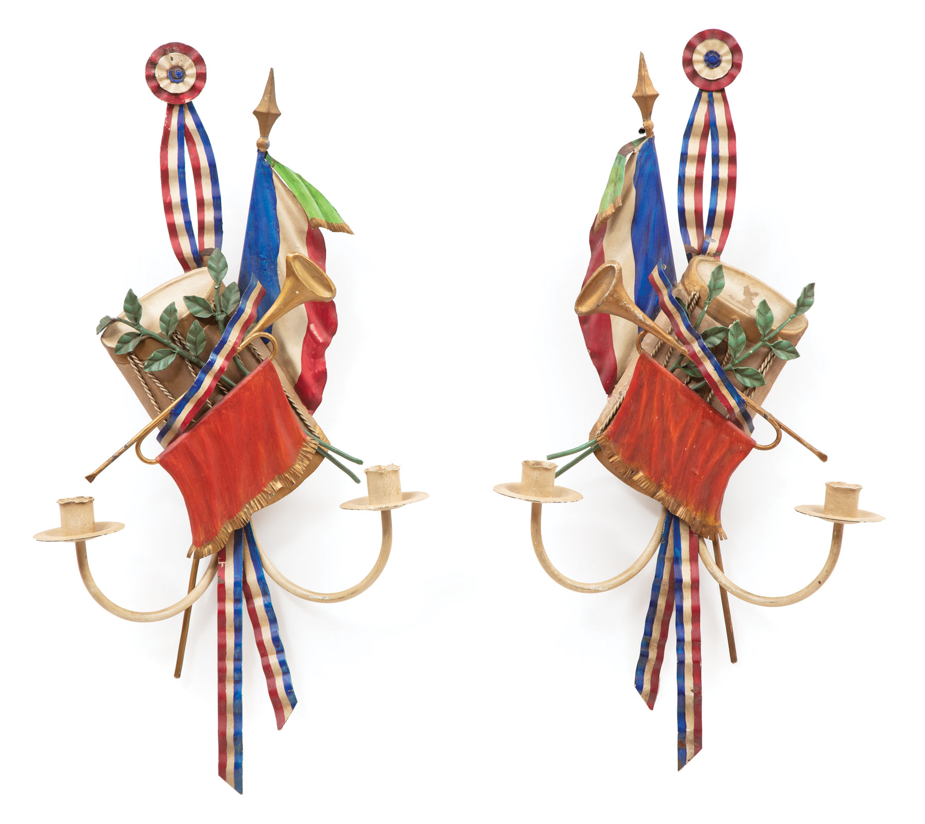 Pair of French Tole Peinte Tricolor Trophee Two-Light Sconces , 20th c., with drum, trumpet, and