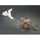 American Brass and Opaline Glass Gas Sconce , 19th c., foliate arm, swivel bracket, h. 5 in., w. 4