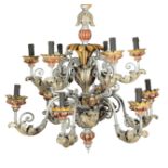 Continental Carved and Polychromed Wood and Iron Twelve-Light Chandelier , h. 31 in., dia. 33 in