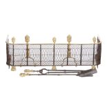 American Brass and Iron Fireplace Garniture , 19th c., incl. pair of andirons, wirework firescreen