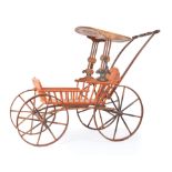 Antique American Painted Wood and Metal Doll Carriage , folding canopy, h. 23 in., w. 32 in., d.