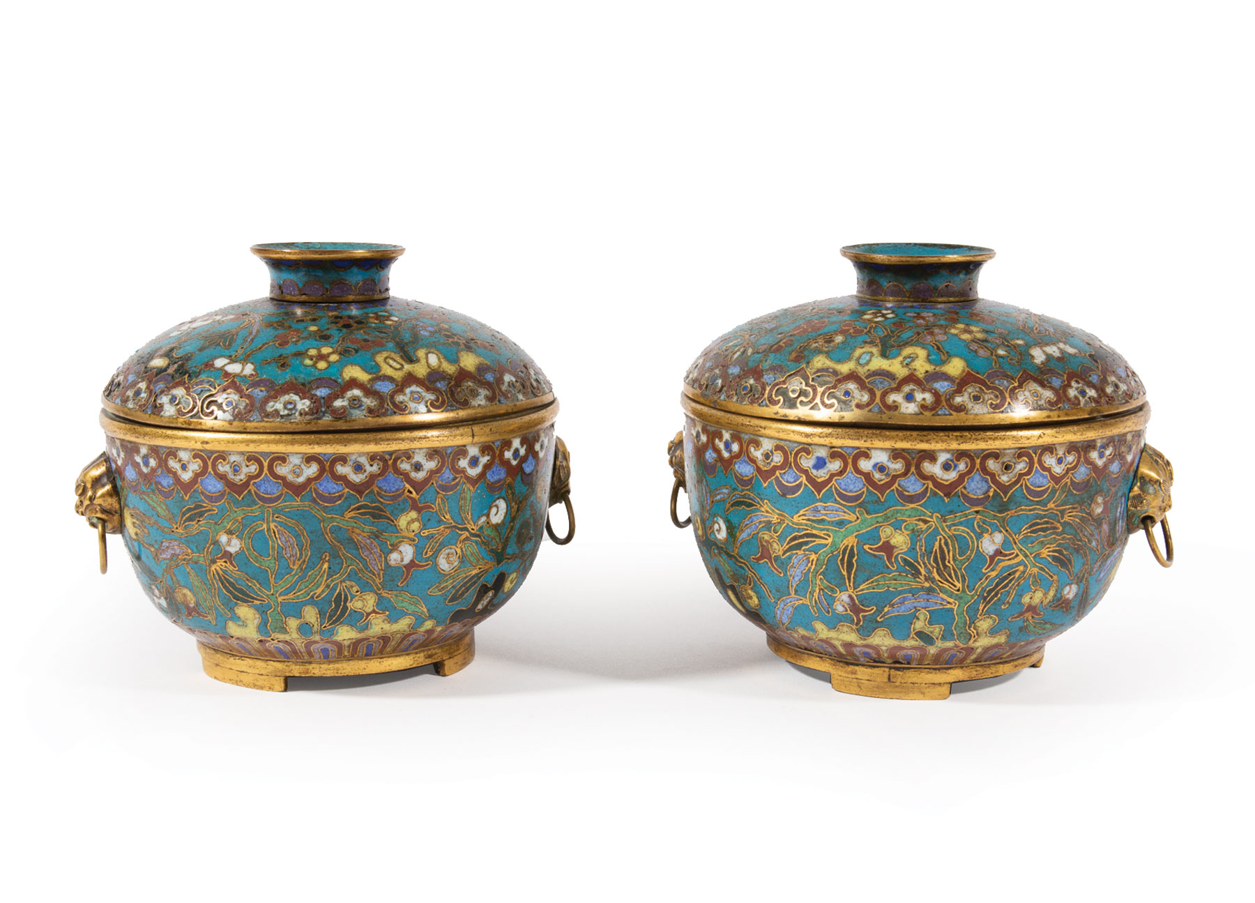 Pair of Chinese Cloisonné Enamel Covered Bowls , Qing Dynasty (1644-1911), bowls with mask ring