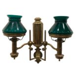 Pair of American Brass Two-Light Oil Lamps , c. 1875, J.G. Knapp, New York, green shades,