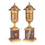 Pair of Regency Rouge Marble and Gilt Bronze Candle Vases , early 19th c., Neoclassical-form