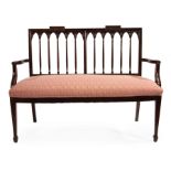 Antique Adam-Style Carved Mahogany Settee , double chair back, serpentine arms, reeded legs, spade