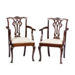 Pair of Diminutive Chippendale-Style Mahogany Armchairs , scrolled crest, pierced splat, cabriole