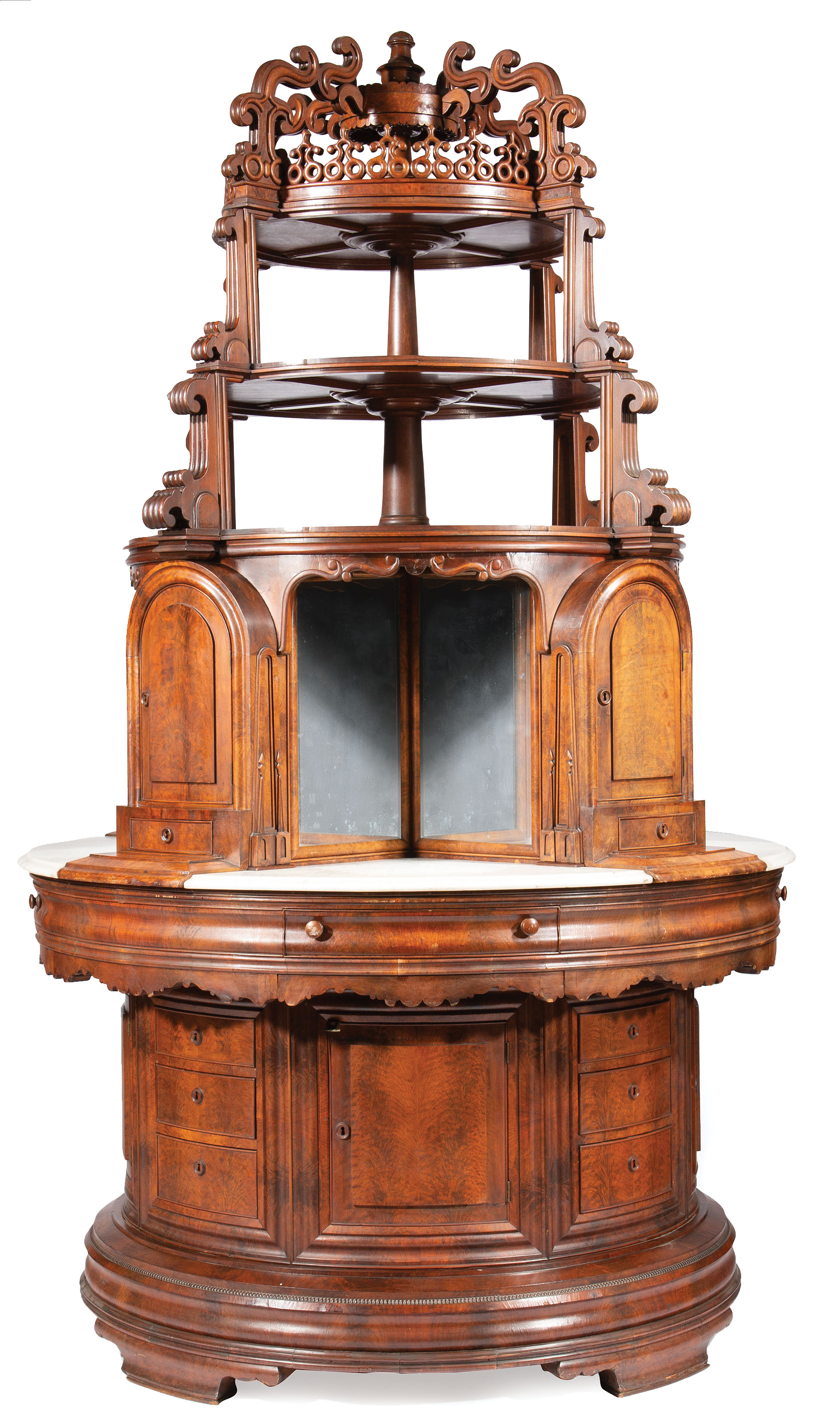 Rare Monumental American Aesthetic Carved Mahogany Columnar Exhibition Cabinet , mid-19th c.,