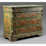 Continental Polychrome Painted Chest , 19th c., molded and beaded top, blind frieze drawer over