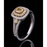14 kt. White Gold and Yellow and Colorless Diamond Ring , center bezel set cushion cut diamond,