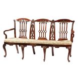 Chippendale-Style Carved Mahogany Triple-Back Settee , Gothicized splats, shepherd's crook arms,