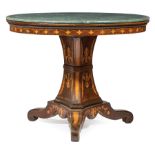 Italian Marquetry and Marble Center Table , 19th c., molded top, incurvate molded standard,