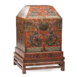 Large Chinese Brass-Mounted, Incised and Polychrome Painted Red Lacquer Chest on Stand , hinged