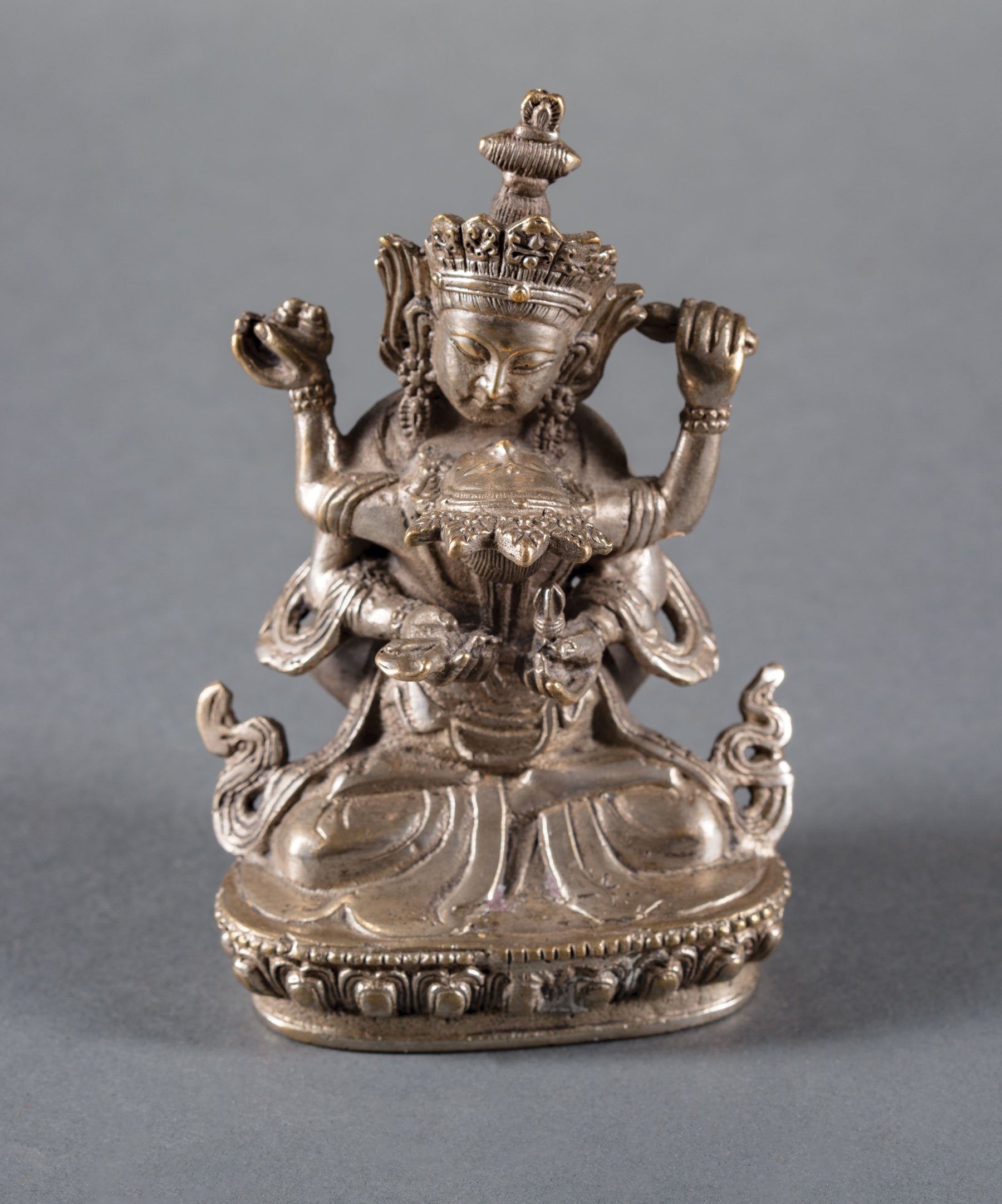 Tibetan Silvered Bronze Yabyum Group of Manjusri and Consort in Amorous Embrace , h. 4 3/8 in. - Image 2 of 2