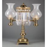 American Bronze Double-Light Argand Lamp , 19th c., foliate decorated font, faceted spear prisms, h.