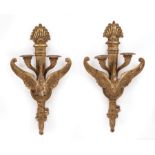 Pair of Napoleon III-Style Carved Giltwood Two-Light Sconces , 19th c., torch-form backplate, spread