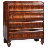 Antique Continental Figured Mahogany Chest of Drawers , 19th c., inset top, flanged surround, cyma