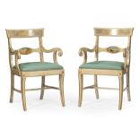 Six Neoclassical-Style Crème Peinte and Gilt Dining Chairs , incl. 2 armchairs and 4 side chairs,