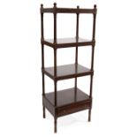 Regency-Style Mahogany Etagere , labeled Maitland Smith, four tooled leather shelves, base drawer,