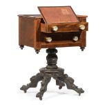American Classical Carved Mahogany Work Table , 19th c., New York, molded top, brass inlaid stiles