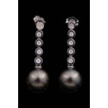 Pair of 14 kt. White Gold, Tahitian Pearl and Diamond Dangle Earrings , drops with 2 round Very Dark