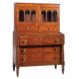 Federal Carved Mahogany Secretary Desk , 19th c., superstructure with two glazed doors with false