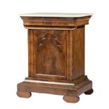American Gothic Mahogany Mixing Table , c. 1840, shaped white marble top, ogee frieze with blind
