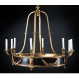 Empire-Style Bronze and Tole Peinte Eight-Light Chandelier , 20th c., h. 28 1/2 in., w. 31 in., d.