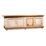 Louisiana Cypress Store Counter , 19th c., "barge board" top of 3 planks, molded surround, four