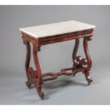 American Classical Mahogany Side Table , 19th c., New York, marble top, lyre-form supports, shaped