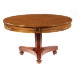 Regency-Style Walnut and Mahogany Center Table , labeled "Beacon Hill Collection", molded top,