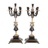 Pair of Neo-Grec Gilt and Patinated Bronze Five-Light Candelabra , scrolled arms, vasiform standard,