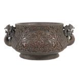 Chinese Bronze Censer , phoenix handles, bombe body with raised floral decoration, base with