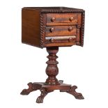 American Classical-Style Carved Mahogany Drop-Leaf Work Table , gadrooned top, two drawers over