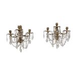 Pair of Louis XVI-Style Gilt Bronze and Cut Crystal Four-Light Sconces , foliate arms, h. 15 in., w.