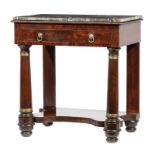 American Classical Mahogany Mixing Table , early 19th c., later marble top, astragal molding, frieze