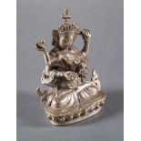 Tibetan Silvered Bronze Yabyum Group of Manjusri and Consort in Amorous Embrace , h. 4 3/8 in.