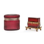 Two French Brass-Mounted Cranberry Glass Dresser Boxes , c. 1900, hinged lids, one with canted