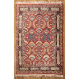 Persian Poem Rug , red ground, fan and foliate design, manuscript border cartouches, 5 ft. x 7 ft. 9