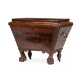 Regency Carved Mahogany Sarcophagus-Form Cellarette , c. 1820, rope-carved corners, brass ring