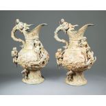 Pair of Neoclassical-Style Bronze Ewers , cast with figures, gods, and animals, in a forest