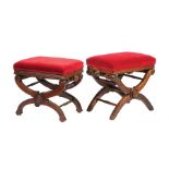 Two American Walnut Adjustable Piano Stools , velvet upholstery, curule bases , taller h. 20 in., w.