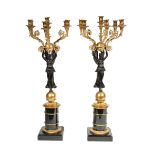 Pair of Empire-Style Gilt and Patinated Bronze "Winged Victory" Six-Light Candelabra , 20th c., tall