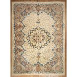Kashan Carpet , ivory ground, central medallion, cartouche border, 10 ft. x 14 ft