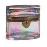 French Brass-Mounted Rainbow Glass Dresser Box , c. 1900, panel-cut oval form, hinged lid, h. 5 in.,