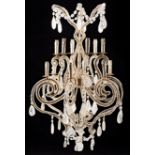 Pair of Louis XV-Style Gilt Metal, Rock and Cut Crystal Twelve-Light Chandeliers , beaded,