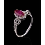 18 kt. White Gold, Ruby and Diamond Ring , center yellow gold prong set marquise brilliant cut crown